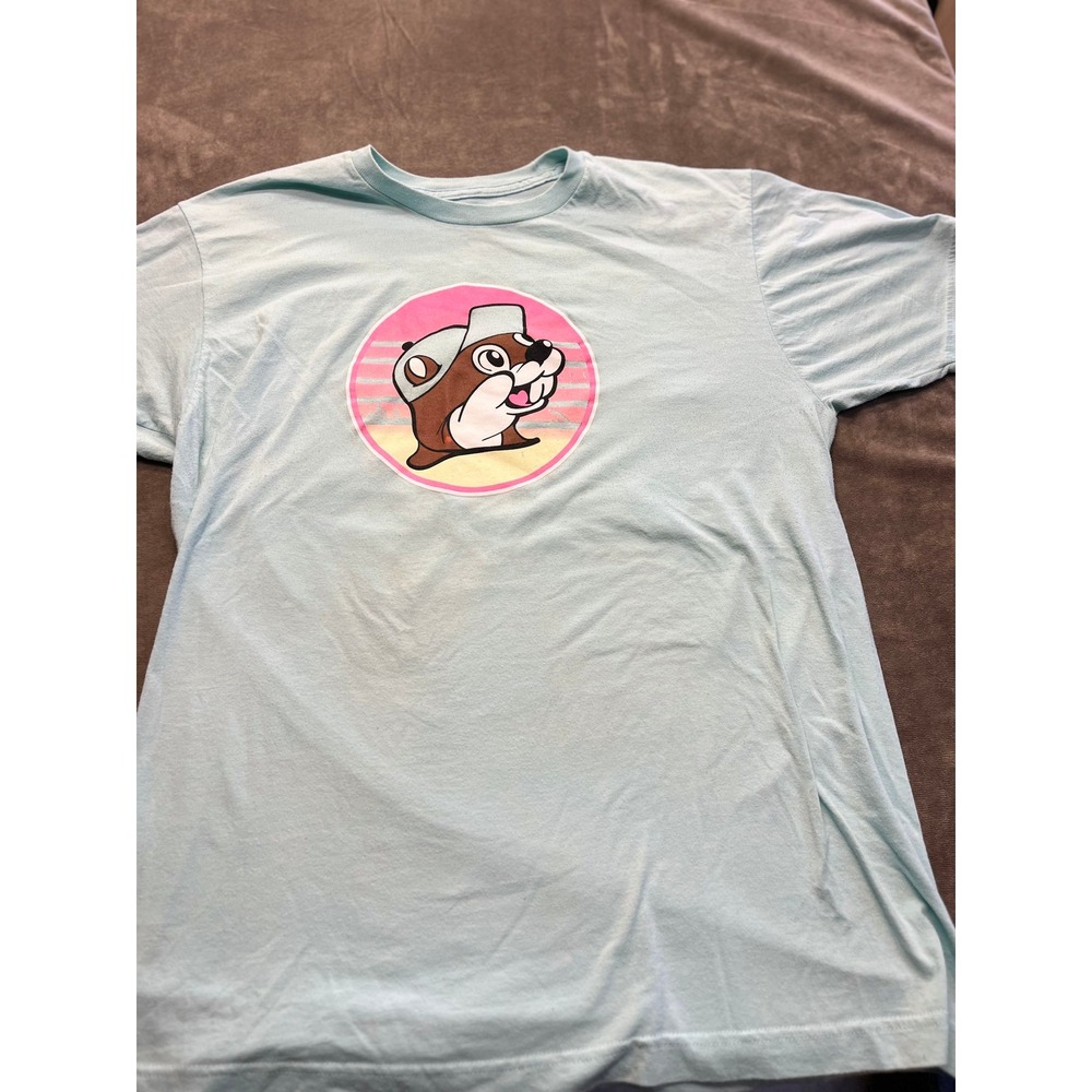 Buc-ee's and the Beach Graphic T-Shirt Light Blue Large Retro Sunset Beaver Tee